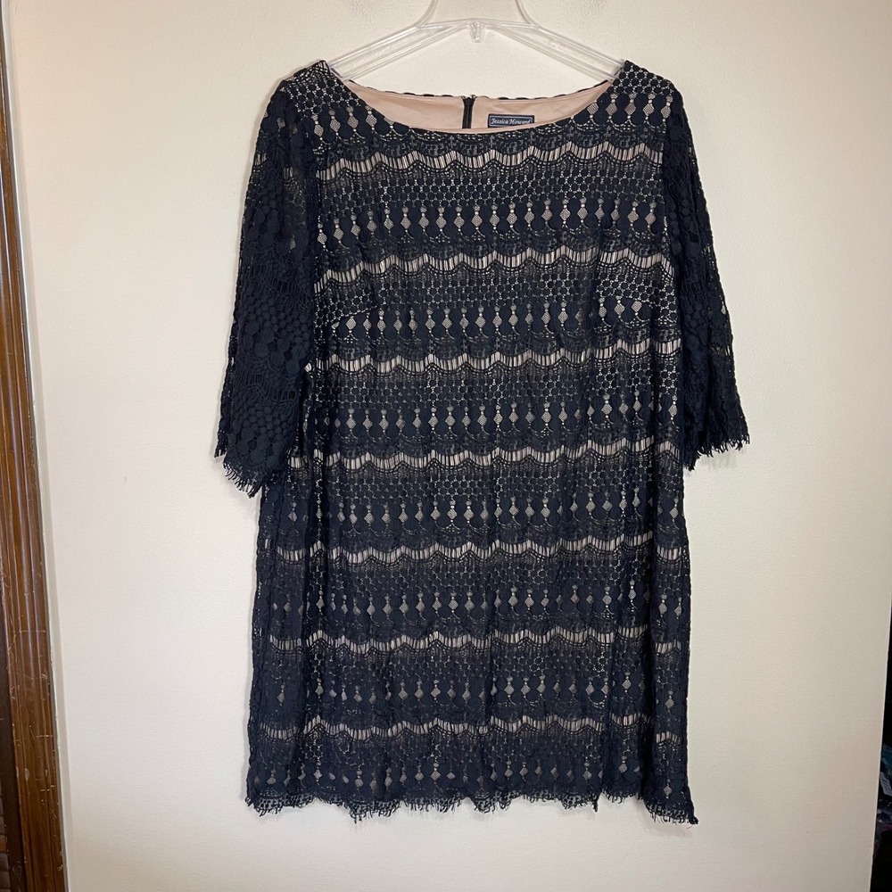 Jessica Howard Black Lace Shift Dress 24W Plus Size 3/4 Sleeve Cocktail Party
